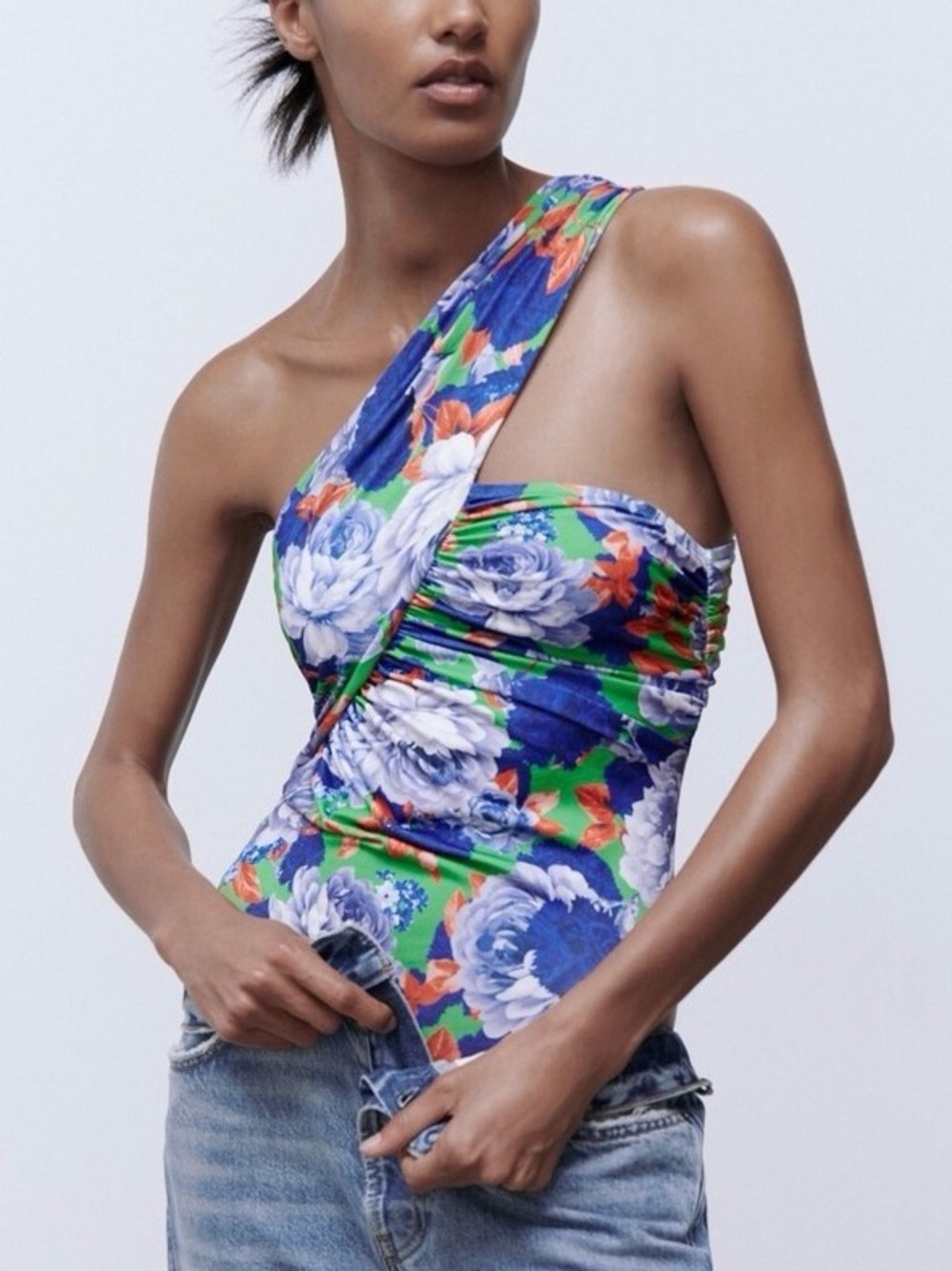 Zara One Sleeve Floral Asymmetrical Bodysuit